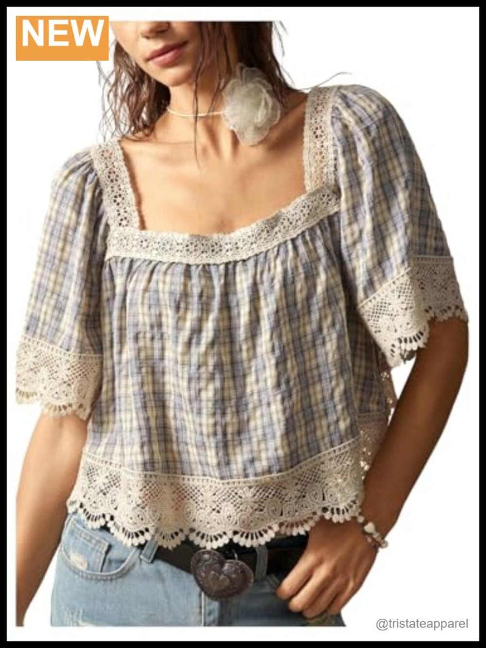 Women's Plaid Blouse Crochet Lace Square Neck Cottagecore Crop Top
